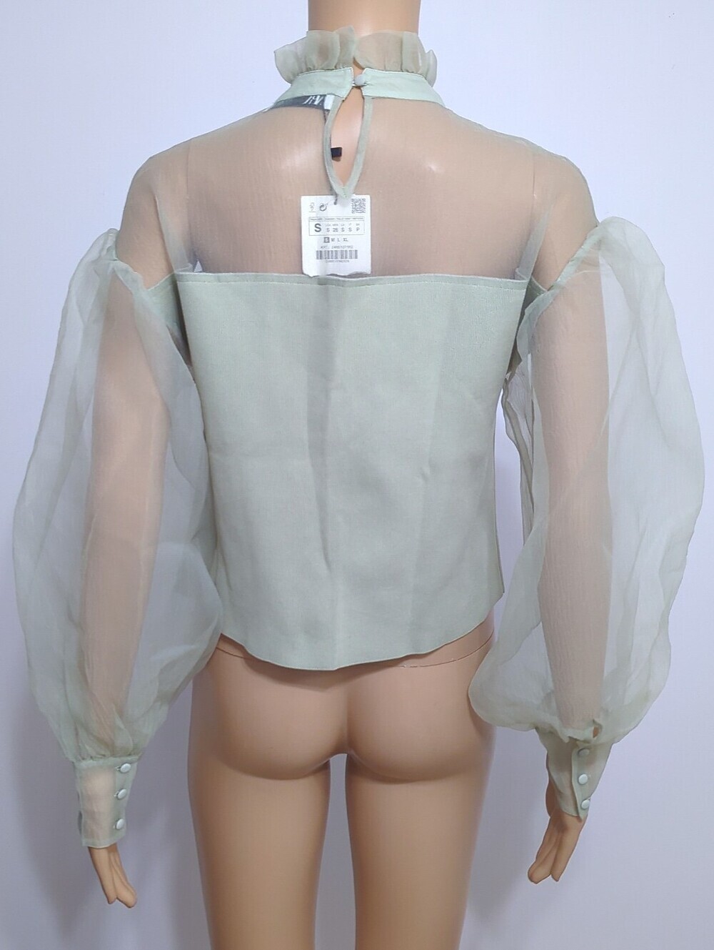 Zara Sage Green Organza Puff Sleeve Ruffle Blouse Sheer Knit Top S - Picture 4 of 6